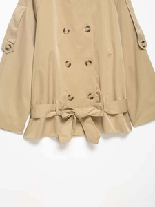 Detailed view of khaki double-breasted trench coat with tied waist belt and tortoise buttons