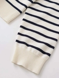 Detailed macro view of the ribbed cuff and knit texture on this striped pullover sweater