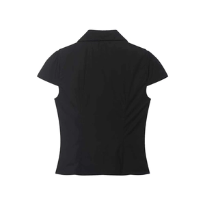 Rear view of a slim-fit black short-sleeve shirt with tailored waist seams and collar
