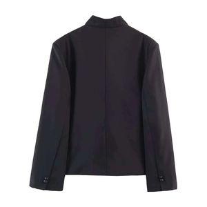 Women's chic black suit blazer featuring a minimalist stand collar and flat back view