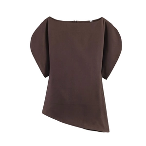 Deep brown off-shoulder blouse with asymmetric hem and dramatic puffed sleeves