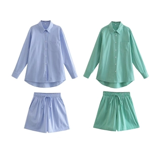 Women stripe shirt and shorts set lounge wear in light blue and mint green colors