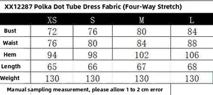 Detailed size chart for vintage polka dot tube top dress in sizes XS to L