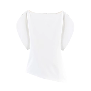 Detail of white off-the-shoulder blouse featuring puff sleeves and asymmetric hemline