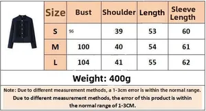 Detailed size chart for black slim fit single breasted jacket showing S M L dimensions