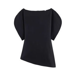 Women's black off-shoulder fashion top with structured puff sleeves and asymmetric hemline