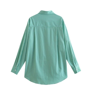 Rear view of long sleeve green and white striped shirt with a curved hem and back yoke
