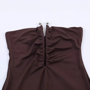 Women's brown strapless tube top with ruched V-neckline and silver metal bead details