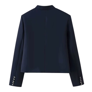 Navy blue slim-fit cropped jacket featuring back seam details and silver button cuffs