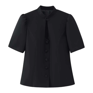 Slim fit black short sleeve blazer with mandarin collar and puff sleeves for women