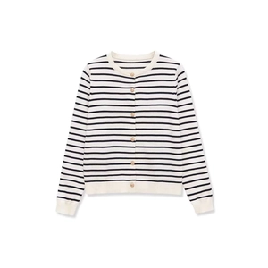 Women Striped Knitted Cardigan Round Neck Long Sleeve Gold Button Casual Loose Knitwear Sweater Top