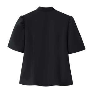 Back view of a sleek black short sleeve blazer with standing collar and puff sleeves