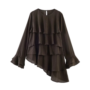 Dunkelbraune Damen Langarm-Bluse mit gestuften Rüschen und asymmetrischem Saumdesign
