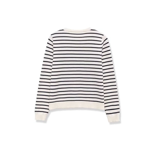 Classic black and white striped long-sleeve knit sweater with ribbed round neckline