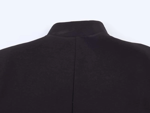 Detailed view of the stand-up collar and shoulder stitching on a black commute suit jacket