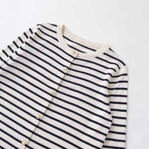 Classic striped knit cardigan with round neck and textured gold buttons on white backdrop