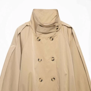 Classic khaki double-breasted trench coat with high collar and tortoiseshell buttons