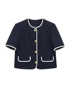 Navy short cardigan with contrast white trim and elegant vintage gold buttons