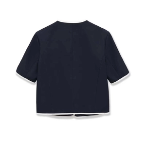 Short-sleeve navy knit cardigan with white contrast piping trim and back seam detail