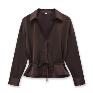 Dark brown satin long sleeve V-neck blouse with elegant waist drawstring tie