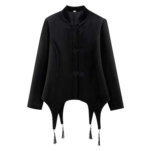 Blazer Donna Elegante in Velluto Nero Stile Cinese Collo Coreana Orlo Asimmetrico con Frange Bottoni a Rana Top Vintage