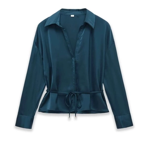 Elegant deep blue satin shirt with V-neck, long sleeves and drawstring waist details