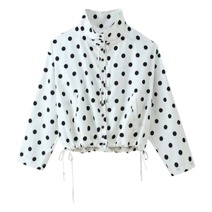 Polka dot short jacket for women featuring a stand collar and adjustable drawstring hem