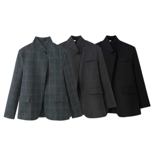 Women's loose stand collar blazers in grey plaid, charcoal, and classic black options