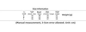 Size chart for stylish stand collar jacket showing shoulder, bust, and sleeve measurements