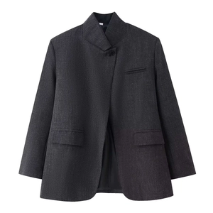 Men's charcoal grey blazer with stand-up collar and asymmetrical button closure
