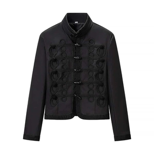 Women's black hussar jacket featuring stand collar and ornate rope toggle fastenings