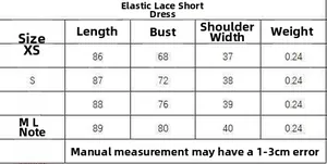 Size chart showing XS to L dimensions for the stretch lace mini dress measurements