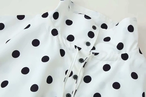 Detailed view of the retro polka dot stand collar with delicate black buttons and drawstring