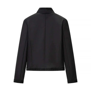 Women's black high neck short jacket with back seam design and textured hems