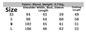 Size chart for white stand collar blazer showing measurements for XS to L sizes