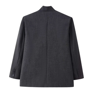 Back view of charcoal gray stand collar blazer with button cuff detail and textured fabric