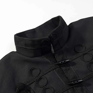 Women's black standing collar jacket with traditional Chinese knots and textured fabric