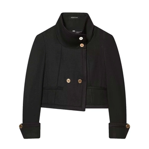 Short black cropped wool jacket with high stand collar and golden double-breasted buttons