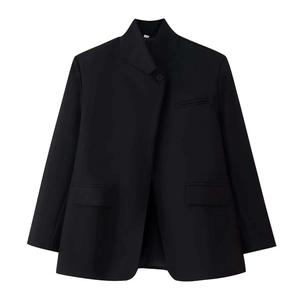 Women's black loose-fit blazer with stand collar and asymmetric single button closure