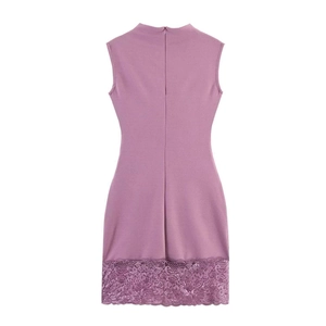 Elegant purple sleeveless bodycon dress with lace trim hem and invisible back zipper