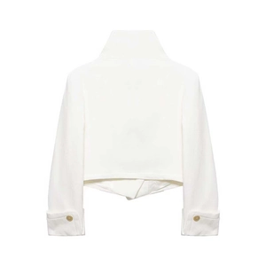 Minimalist white cropped jacket with stand collar and gold decorative buttons