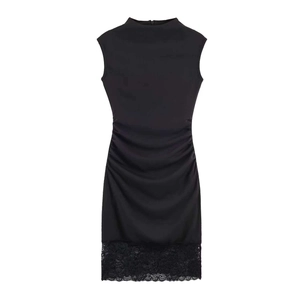 Elegant black sleeveless ruched bodycon dress with lace trim hem for summer commuters