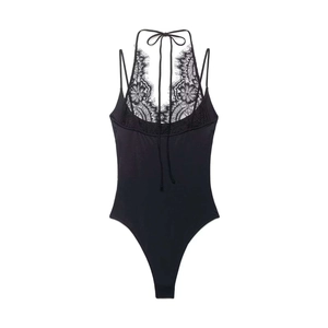 Sexy black halter neck bodysuit with sheer floral lace patchwork and high-cut leg detail