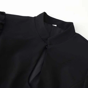 Slim fit black mandarin collar short sleeve jacket with front buttons for women