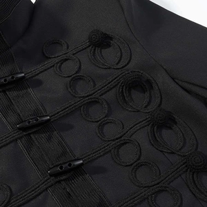 Macro shot of black jacket featuring vintage braided rope knots and toggle closure detail