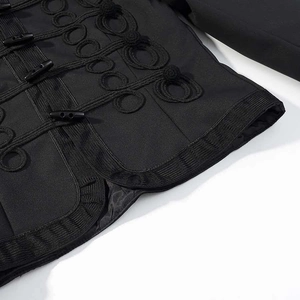 Detail of black military style jacket featuring intricate cord frogging and horn toggles