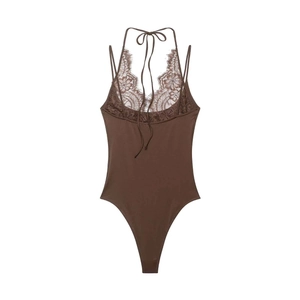 Deep brown lace halter bodysuit for women featuring floral crochet and high-cut leg