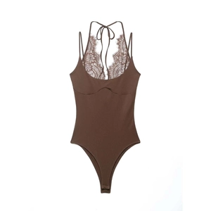 Close-up of deep brown floral lace trim and halter neck detail on backless bodysuit