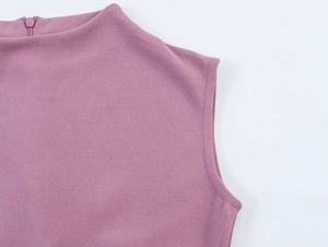 Detail of elegant high collar and invisible back zipper on purple sleeveless dress