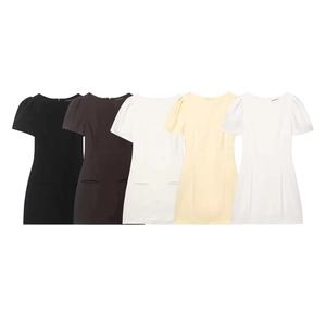 Slim fit short sleeve mini dress with puff sleeves and pleated pockets in multiple colors